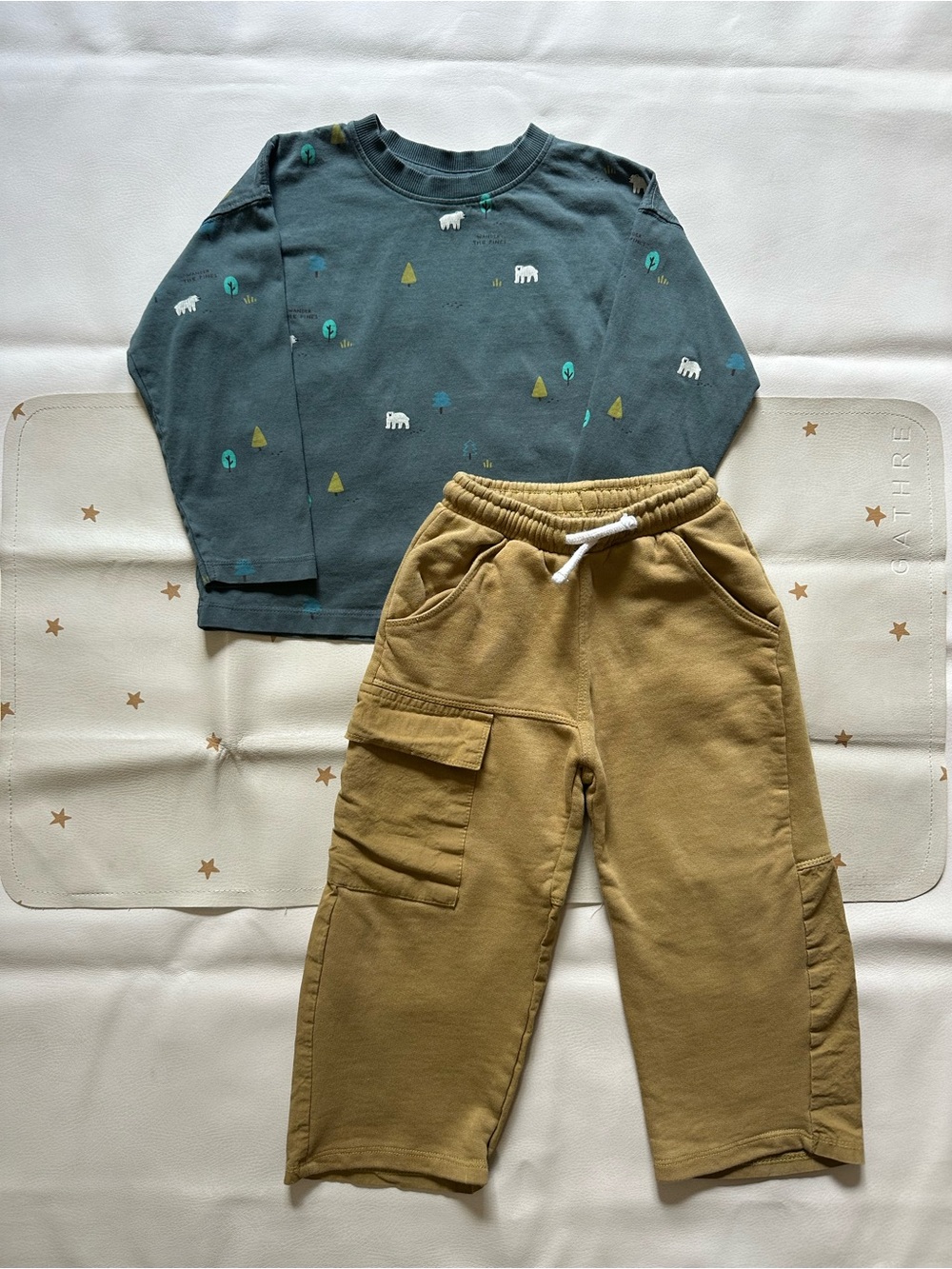 5 Zara Deep Pine Green Printed Cotton Long Sleeve Top & Mustard Cargo Pants